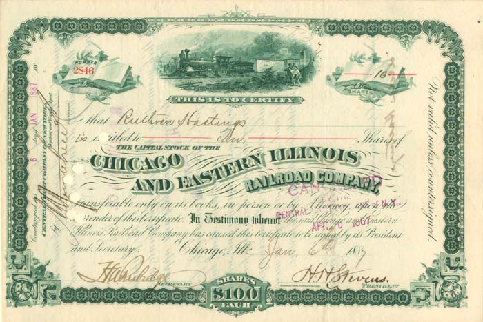 Chicago and Eastern Illinois Railroad Co. - Stock Certificate